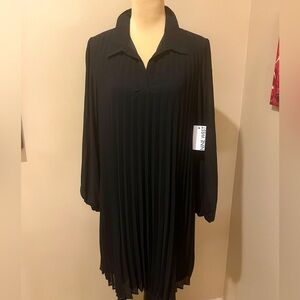NWT Nine West Black Pleated Dress with Collar, size L
